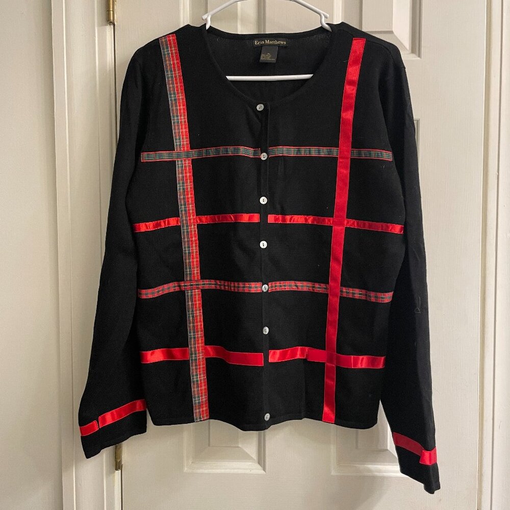 Vintage Erin Matthews Black Ugly Christmas Cardigan